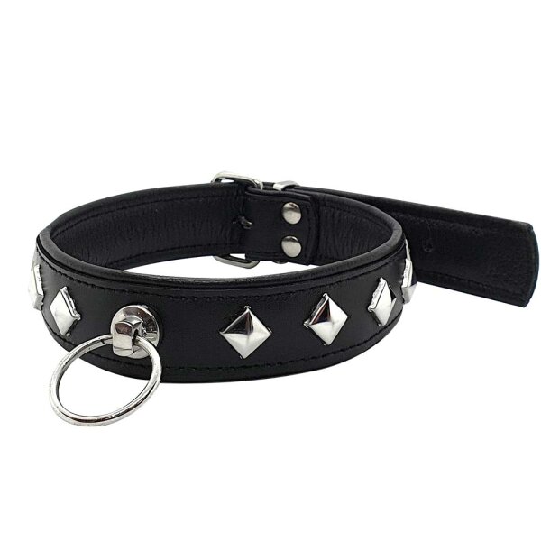 Leather Studded O-Ring Collar - Black