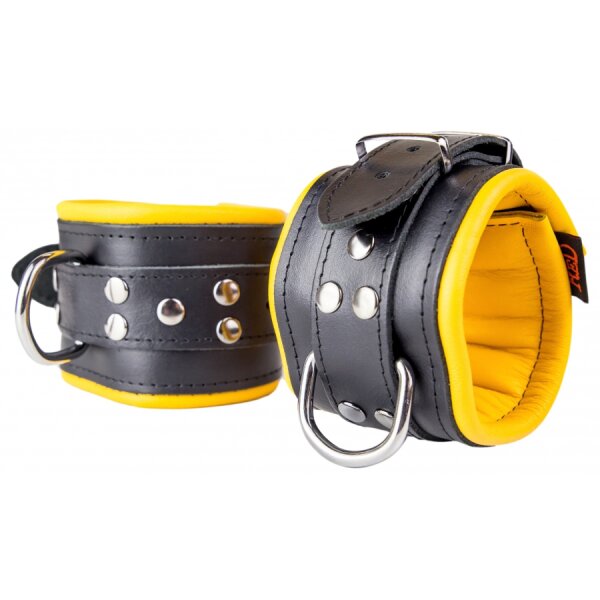 Padded Leather Ankle Cuffs Black-Yellow