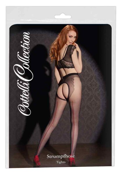 Strumpfhose offen schwarz mit roter Naht S - XL