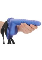 Shots Ouch! Ribbed hollow strap-on with testicles blue 21 cm