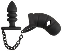 Black Velvets Cock cage with Anal Plug