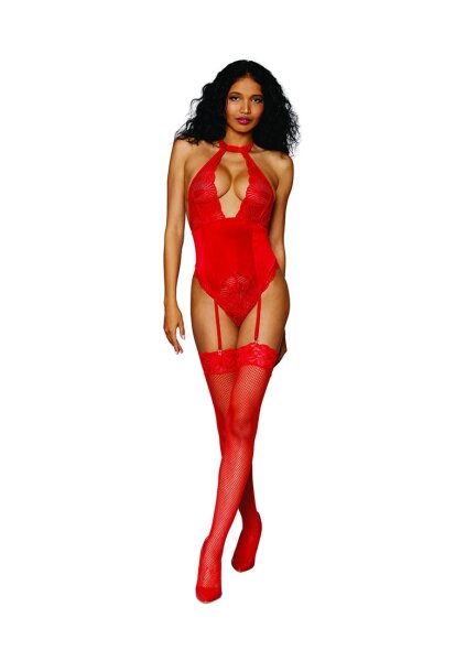 Womens Stretch Lace and Stretch Velvet Garter Teddy - One Size