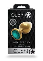 Shots Ouch! Runder Edelstein Analplug Gold Smaragdgr&uuml;n mittel 3,4 cm