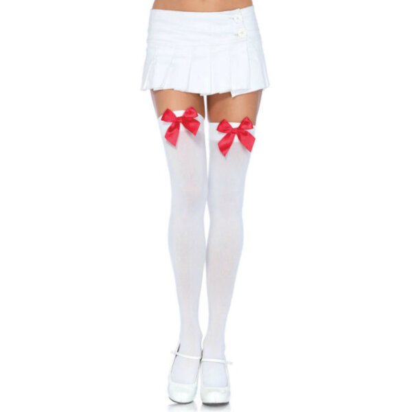 Leg Avenue Nylon Thigh Highs With Bow White / Red - One Size
