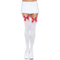 Leg Avenue Nylon Thigh Highs With Bow White / Red - One Size