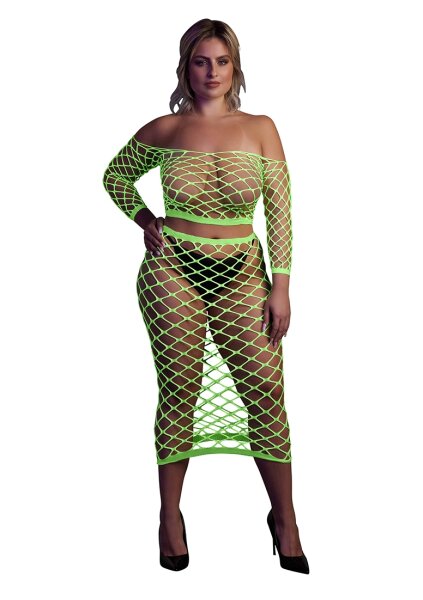 Shots Ouch!  UV-Neon Langarm Crop Top und langer Rock Plussize gr&uuml;n