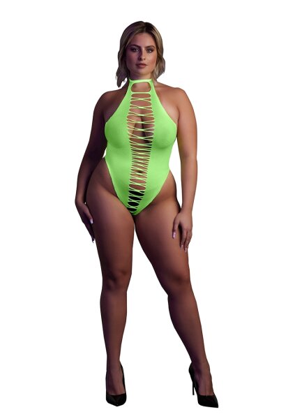 Shots Ouch! UV neon bodysuit with cut-outs plus size green