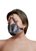 Shots head harness with mouth guard and integrated ball gag in black