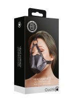 Shots head harness with mouth guard and integrated ball gag in black