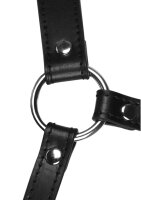 Shots head harness with mouth guard and integrated ball gag in black