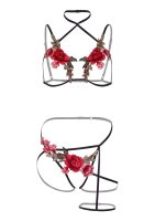 Roses Bra and Crotchless Panty Black S/M