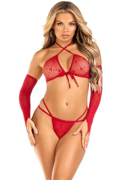 Leg Avenue crop top, thong and gloves one size red