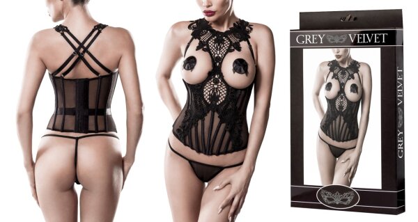GREY VELVET 2-piece corset set S Black