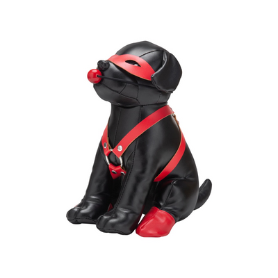 Prowler Booted Up Bandit leather dog with red bondage harness and black eye mask