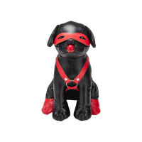 Prowler Booted Up Bandit leather dog with red bondage harness and black eye mask