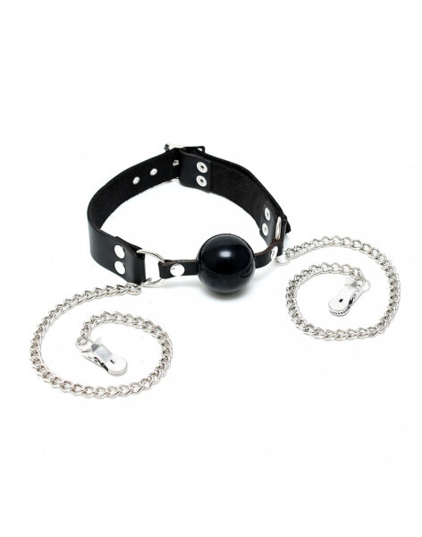 Rimba Mundknebel mit Silikonball und Nippelklemmen Schwarz Silber