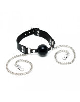 Rimba Mundknebel mit Silikonball und Nippelklemmen Schwarz Silber