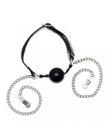 Rimba Mundknebel mit Silikonball und Nippelklemmen Schwarz Silber