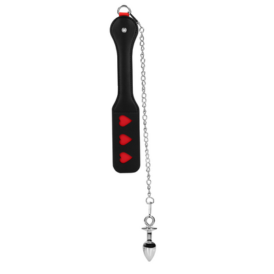 Shots - Ouch! Hearts Paddle with Metal Anal Plug - Black
