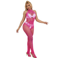 SUBBLIME Fishnet And Lace Crotchless Bodystocking With High Neck Pink One Size