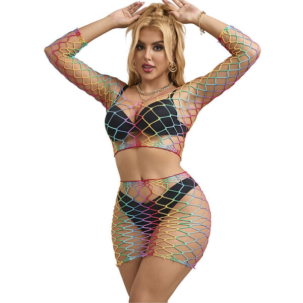SUBBLIME 2 Piece Fishnet Bodystocking Long Sleeve Rainbow One Size