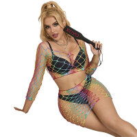 SUBBLIME 2 Piece Fishnet Bodystocking Long Sleeve Rainbow One Size