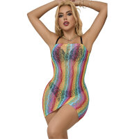 SUBBLIME Rainbow Off Shoulder Sleeveless Fishnet Bodystocking One Size