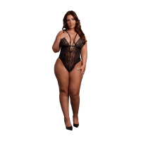 Le D&eacute;sir Wireless Lace Bodysuit with Adjustable Sliders - Plus Size - Black