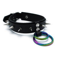 Kiotos Leather Collar with Spikes and Double O-Ring Black