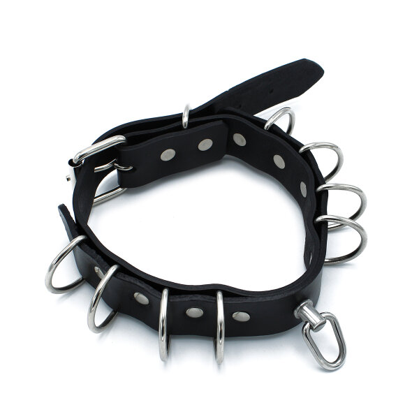 Kiotos Lederhalsband mit Multi D-Ringen Schwarz