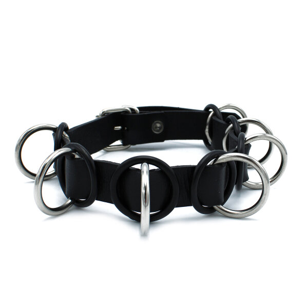 Kiotos Lederhalsband mit 7 Statement Ringen Schwarz