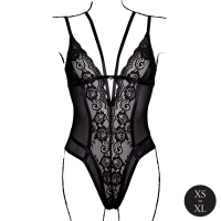 Le D&eacute;sir Wireless Lace Bodysuit with Adjustable Sliders Black Onesize - Queensize