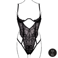 Le D&eacute;sir Lace Underwired Open Cup Bodysuit with Adjustable Sliders Black Onesize - Queensize