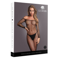 Le D&eacute;sir Bodystocking Off Shoulder Neck - Fishnet / Open Black Onesize - Queensize