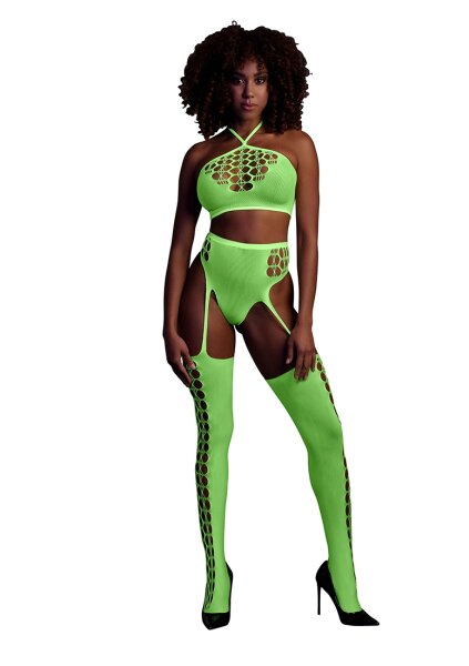 Shots Ouch! UV-Neon Zweiteiler mit Crop Top und Str&uuml;mpfen gr&uuml;n Onesize - Queensize