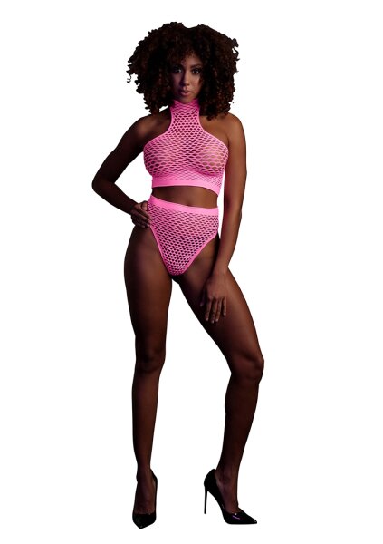 Shots Ouch! UV-Neon Crop Tank Top und Slip mit hoher Taille pink Onesize - Queensize