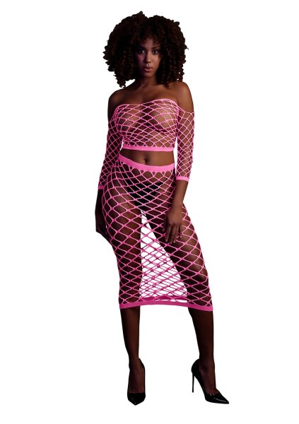 Shots Ouch!  UV-Neon Langarm Crop Top und langer Rock pink Onesize - Queensize