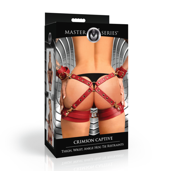 XR Brands Crimson Captive Thigh Wrist and Ankle Hog Tie Restraints Red