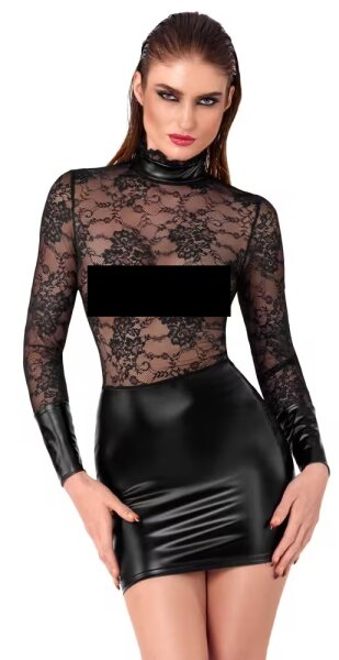 Noir Wetlook Mini Dress with Lace Black XL