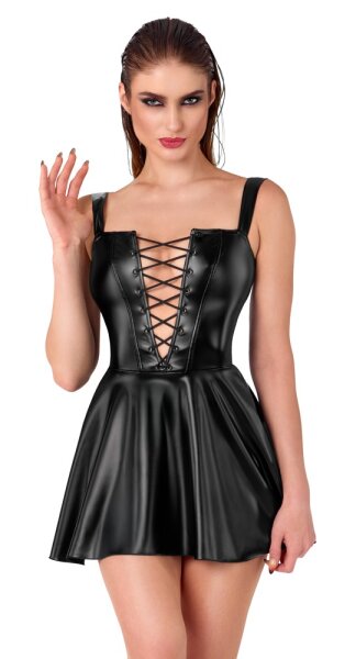 Noir Wetlook Mini Dress with Lacing Black S