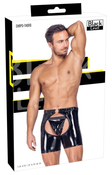 Black Level set of string and chaps in patent leather black M