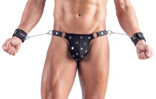 Svenjoyment Thong with Soft Handcuffs Black L