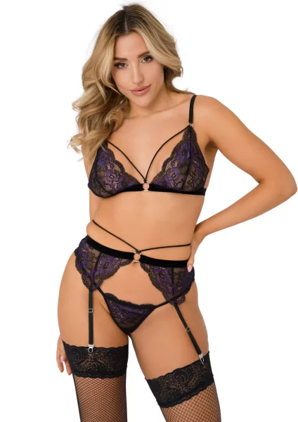 Daring Intimates 3-teiliges Set aus Spitzen-BH, Slip und Strumpfhaltern Schwarz Lila S-M