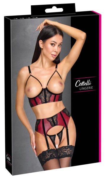 Cottelli Collection Ouvert Suspender Set Dark Red/Black S 3-Piece