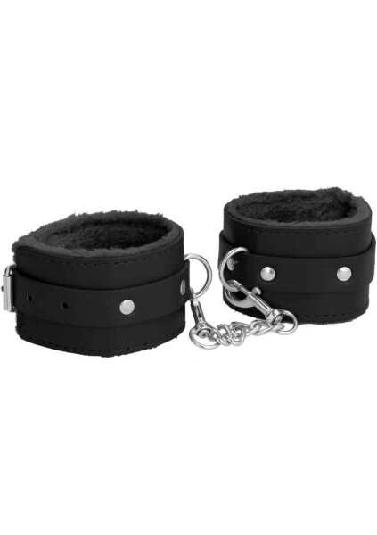 Ouch! Plush Leather Hand Cuffs - Black