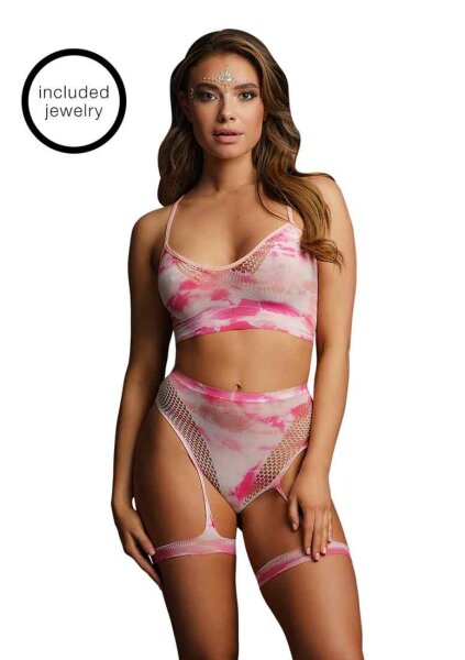 2er Set Bustier mit Highwaist-Strapsslip pink Batik One Size